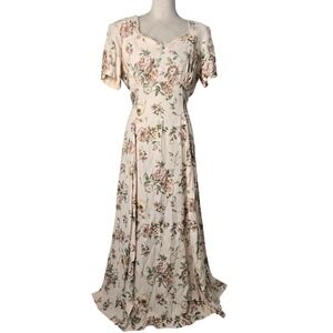 Vtg 90s Decked Out L Floral Maxi Dress Feminine Print Zip Short Sleeve Midi